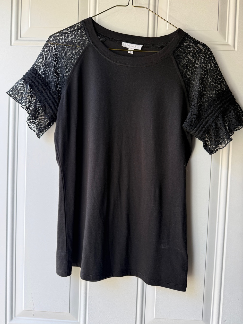 Stella & Dot Black Top with Lace Short Sleeves